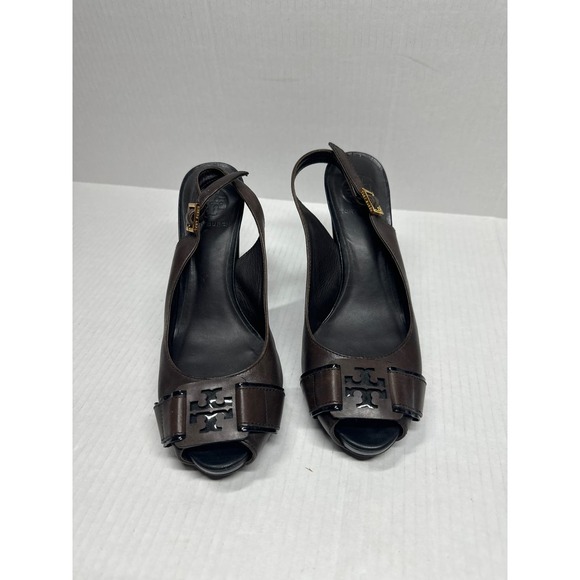 Tory Burch High Heel Dress Sandal Peep Toe Slingback Brown Pump Heel Size 8 - Picture 1 of 7